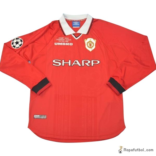 Camiseta Manchester United Replica Primera Ropa Manga Larga Retro 1999 Rojo